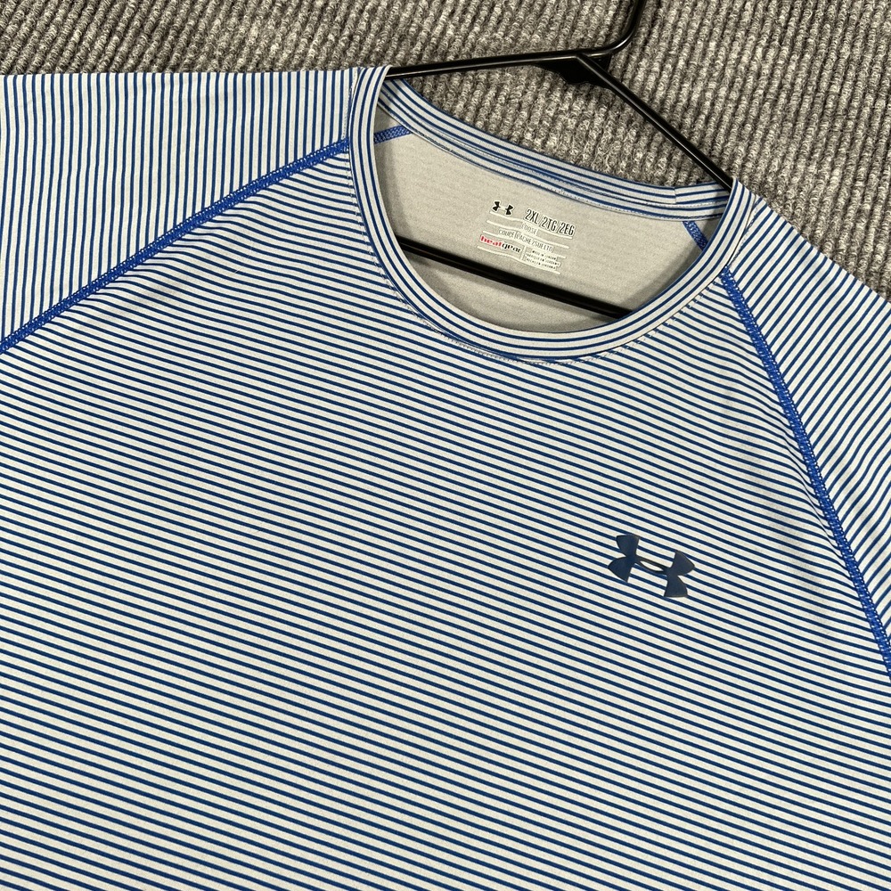 Under Armour Shirt Mens 2XL XXL Blue Striped Short Sleeve Loose Fit Heat Gear